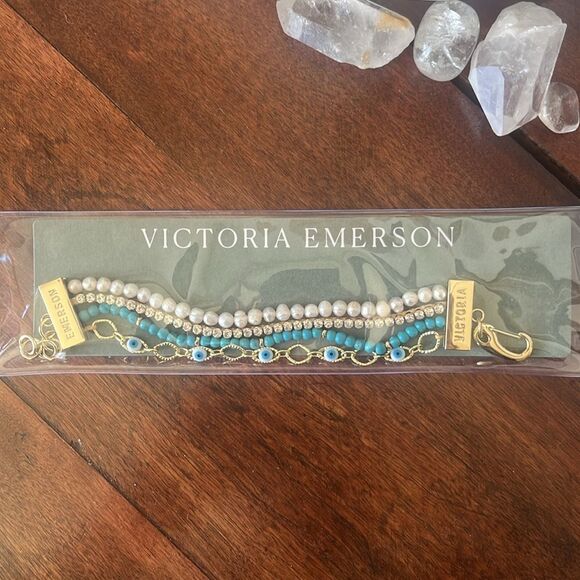 NWT Victoria Emerson Evil Eye Diamond Pearl Multi-Layered Cuff Bracelet - Picture 4 of 4